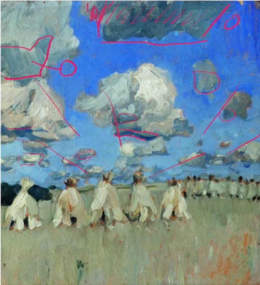 Master painting analysis of cumulus clouds with red line sketches indicating light direction, cloud planes, and atmospheric depth over a field with figures in the foreground.
