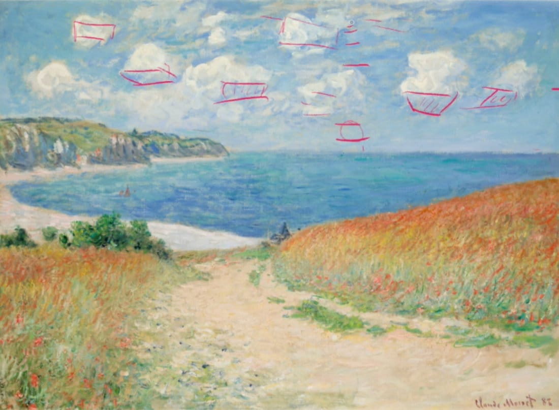 Impressionist seascape study with red line drawings analyzing cloud shapes, perspective, and light direction over cliffs and ocean in a sunny coastal scene.