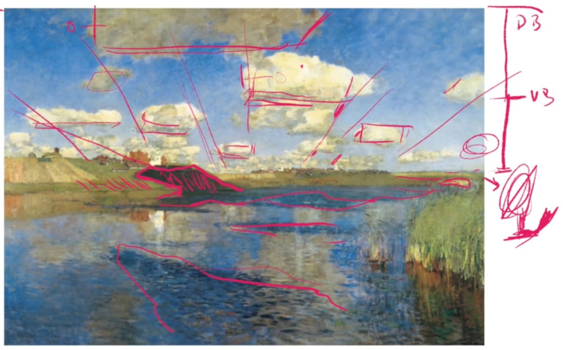 Cloud perspective study over reflective water landscape with red line analysis showing light direction, horizon placement, and atmospheric perspective for sky structure.