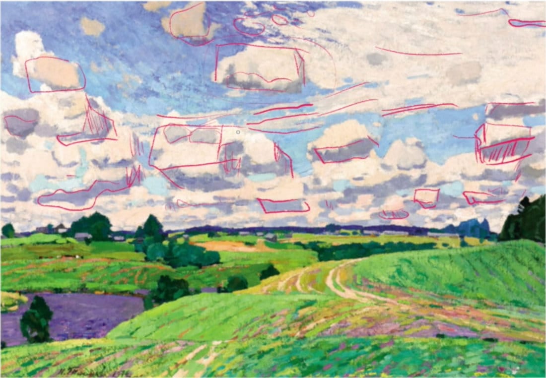 Master painting analysis showing cumulus cloud structures drawn as box forms to study light direction, atmosphere, and perspective over a green rolling landscape.