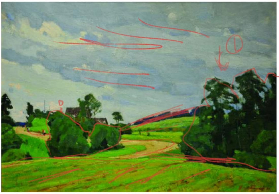Master landscape composition analysis showing large sky mass, medium ground area, and small dark tree strip demonstrating value hierarchy and spatial balance.