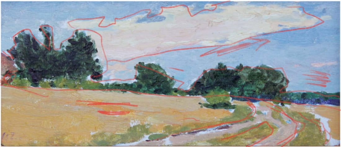 Linear composition example showing path and tree masses leading into the distance with contrasting cloud angles and directional movement across the scene.