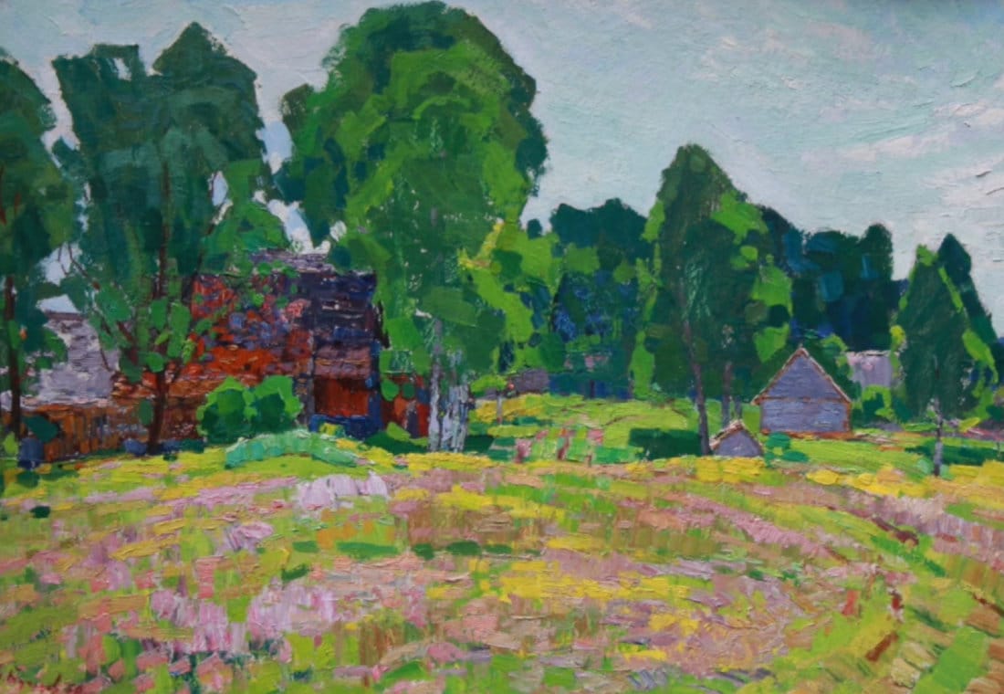 Colorful landscape study highlighting variation in tree shapes, overlapping forms, and balanced dark and light masses for effective composition.