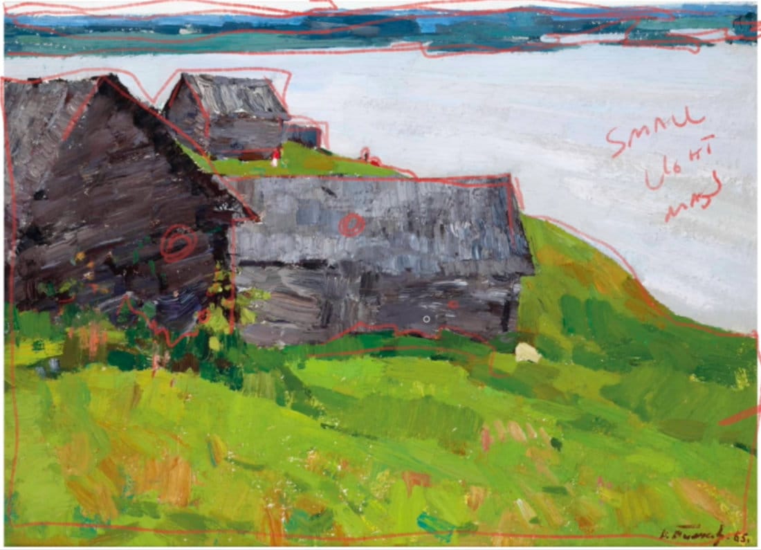 Composition analysis of angled barns near water, demonstrating overlapping, perspective variation, and value balance between structures and sky.
