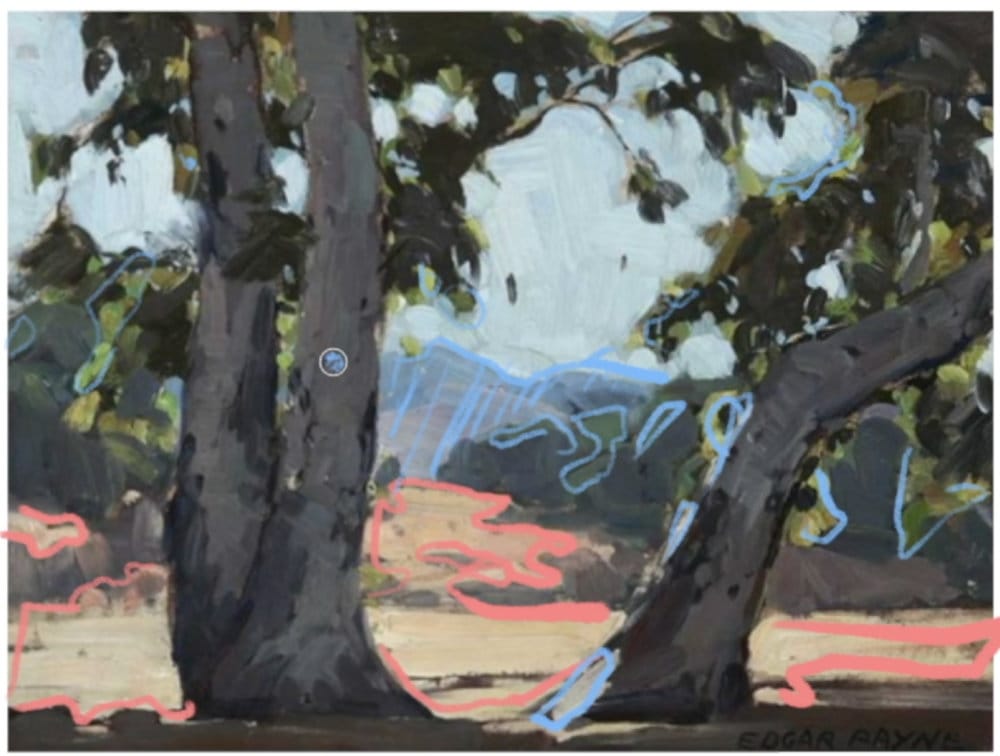 A painting study with tree trunks casting deep shadows across sunlit ground, demonstrating vertical, angled, and flat planes.