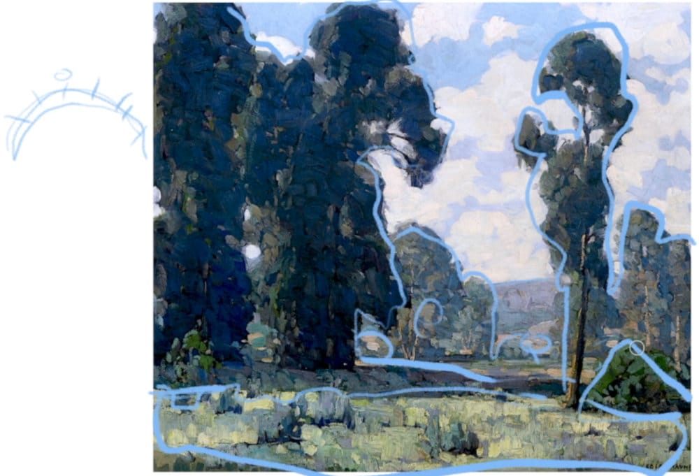 An atmospheric acrylic landscape showing layered tree masses and distant hills, illustrating light and shadow transitions.
