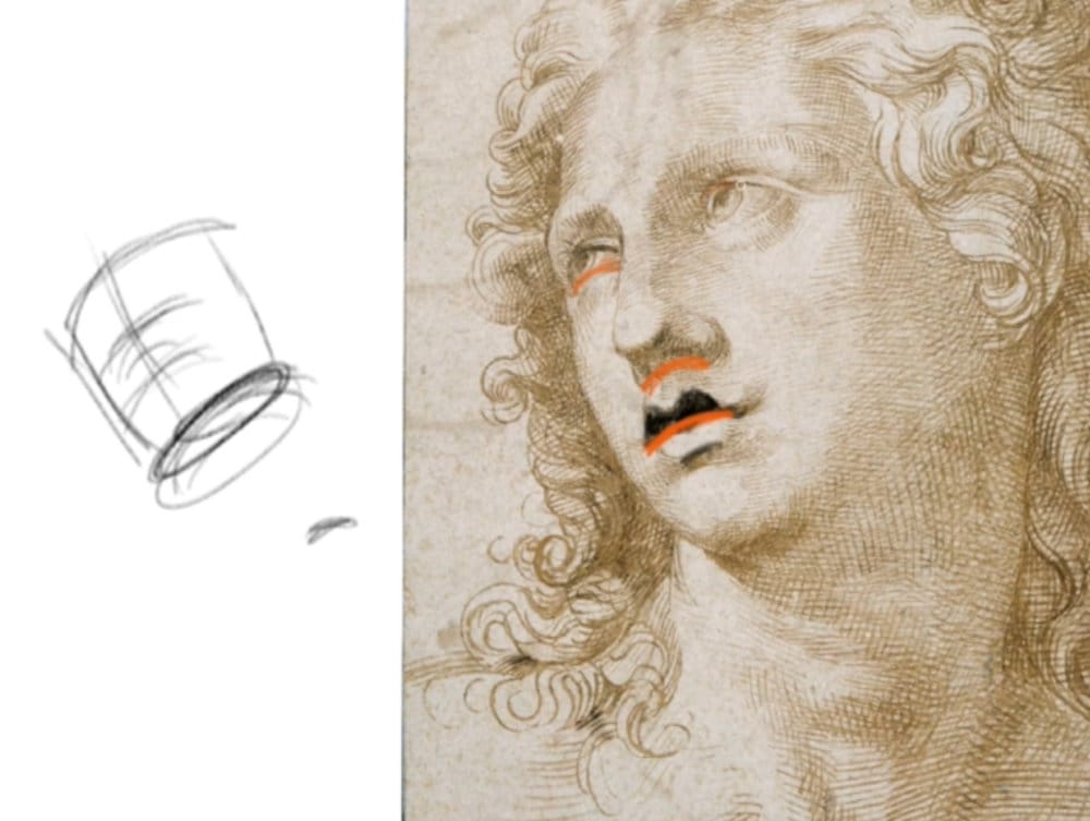 Master study of mouth drawings showing Bronzino example with red construction lines highlighting lip structure and light transitions.