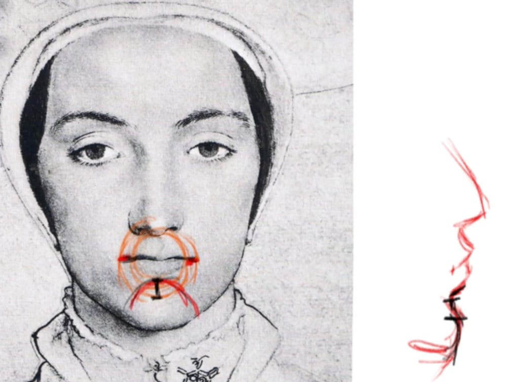 Master study of mouth drawings showing Holbein example with red construction lines highlighting lip structure and light transitions.