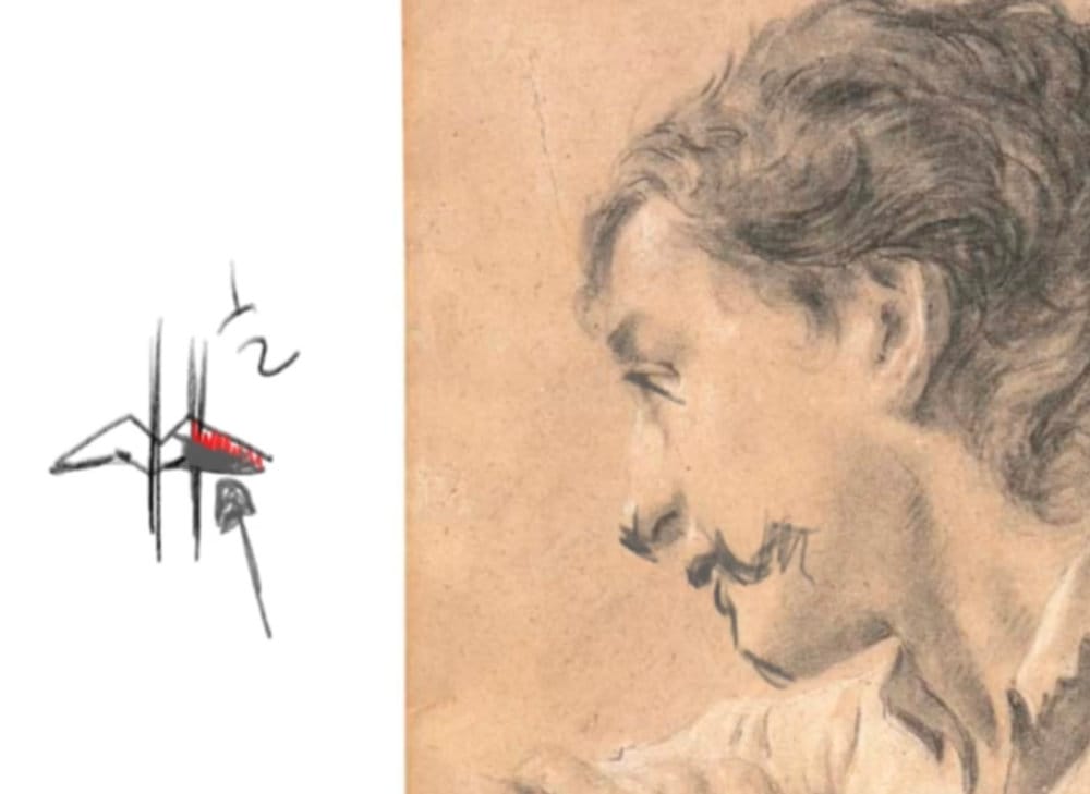 Master study showing Piazetta mouth drawing with construction overlays demonstrating lip perspective, tracking, and light structure.