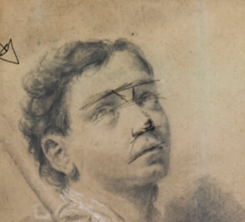 Classical drawing showing upward tilt and foreshortened nose perspective.