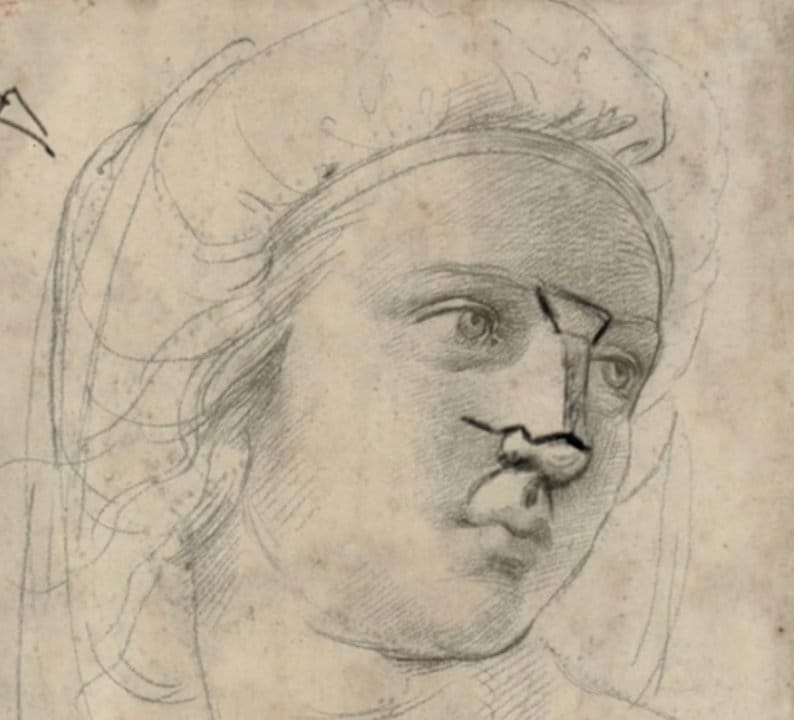 Renaissance master drawing with tonal shading on nose planes and bridge.