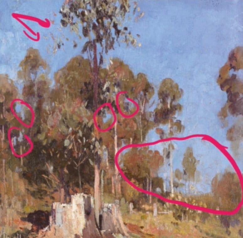 Warm forest painting with tall trees and sky holes, showing how refraction darkens smaller gaps and how edge variety adds realism to tree canopies.