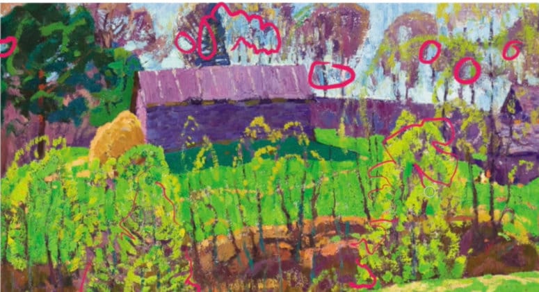 Colorful landscape painting showing trees with varied sky holes and strong edge contrast, demonstrating refraction and simplification in tree design.