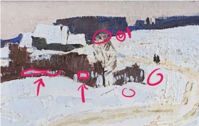 Oil landscape painting with snow and dark trees showing simplified forms and subtle refraction where the sky holes appear slightly darker than the surrounding sky.