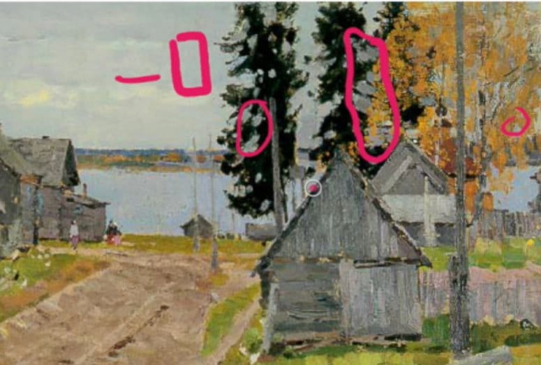 Village landscape painting with pine trees and rooftops, illustrating how smaller sky holes appear darker due to refraction and aerial perspective.