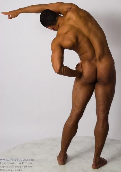 Figure drawing reference pose 2 - athletic male side view demonstrating muscle structure, tubes, and head-first construction approach for artists