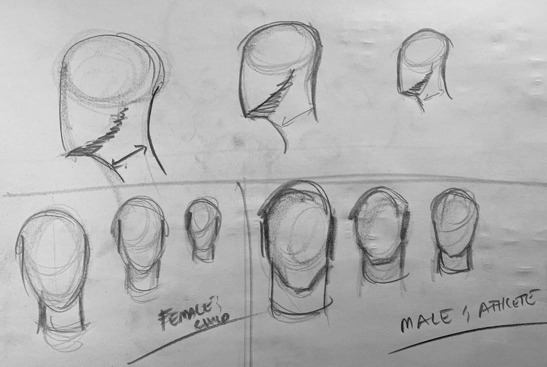 Nine neck drawing studies showing profile views with digastric plane (top row) and front views with width variations for female, child, male, and athlete body types