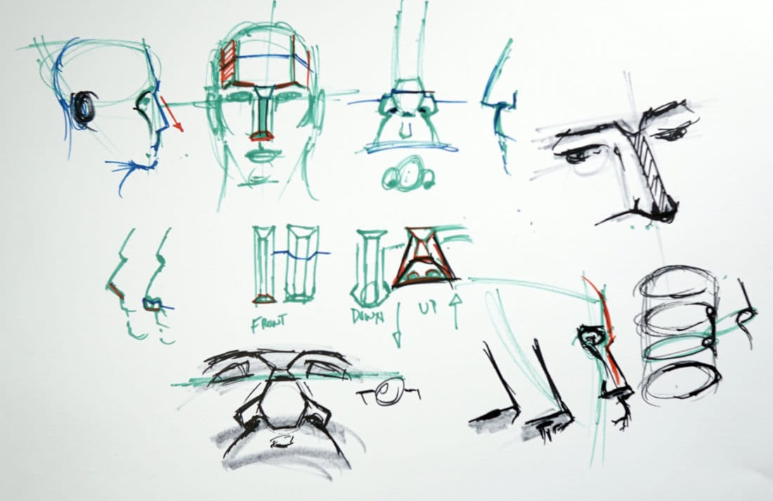 Nose drawing demo showing mask of the face, tip, wings, and beveled planes