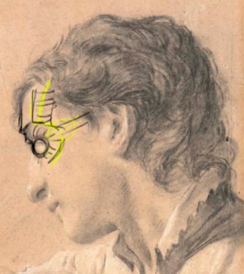Piazetta master drawing showing eye socket planes, zygomatic arch, and protective staging of the eyeball