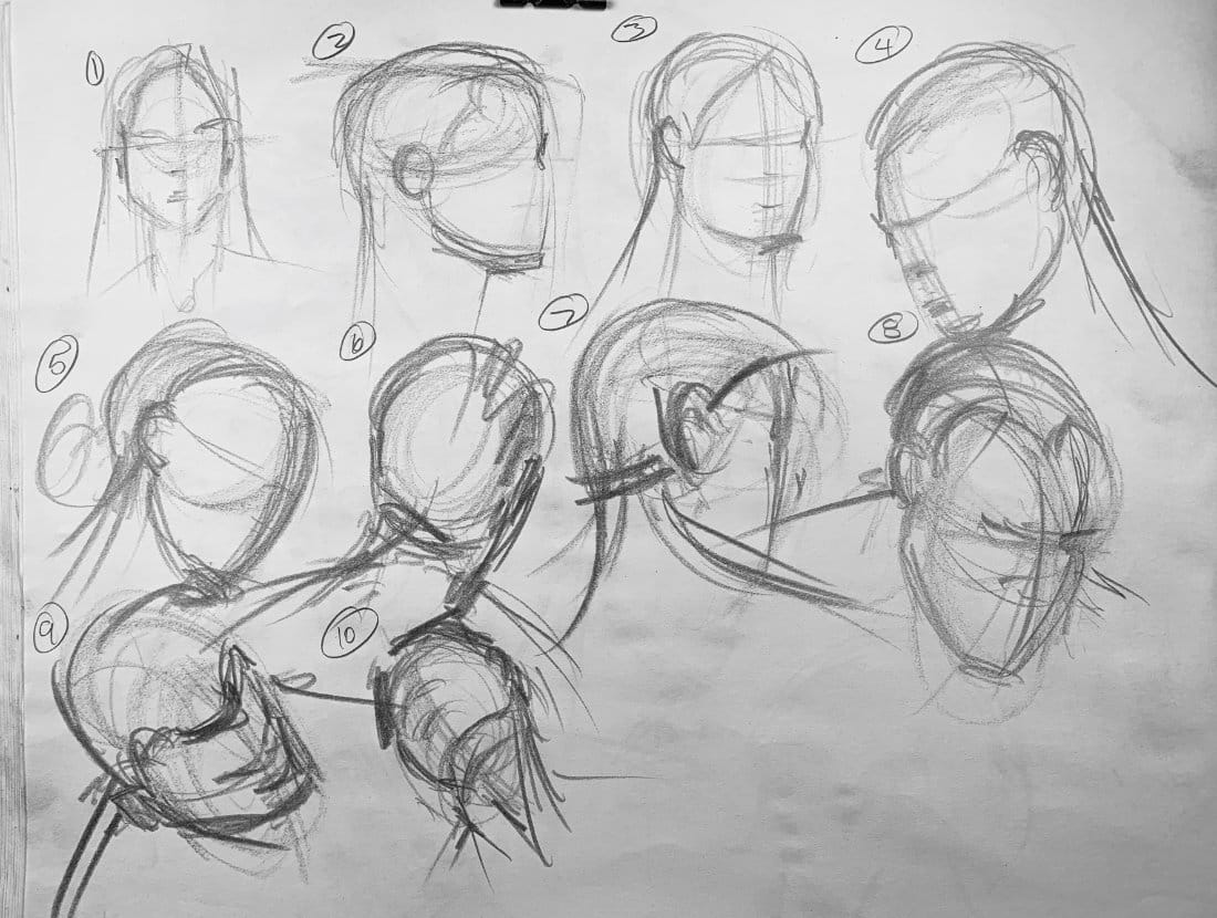 Ten quick head drawing studies numbered 1-10 showing various angles including front view, profiles, three-quarter views, back views, and top views with loose gestural construction lines