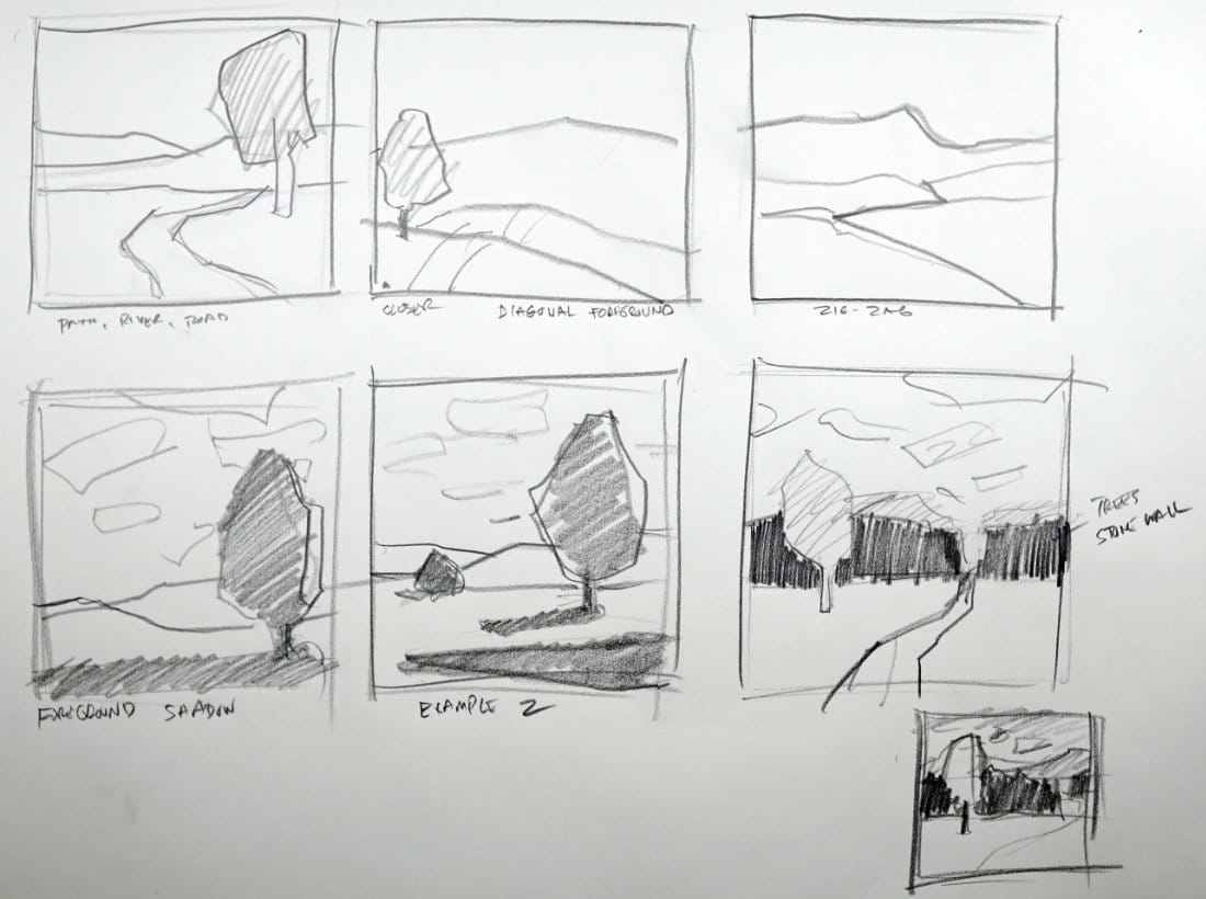Sketch demo showing composition techniques for leading the viewer into a painting with paths, diagonals, and shadows.