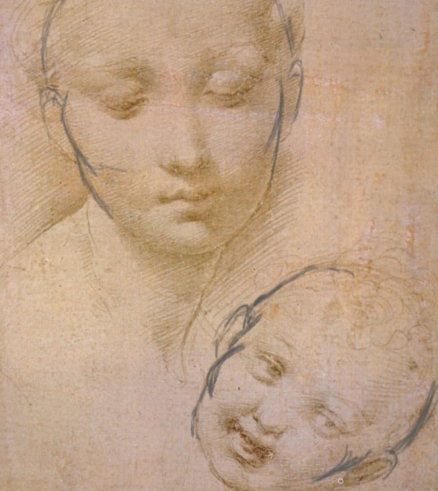 Raphael master drawing showing simplified ear contour and elegant placement behind the cheek plane.