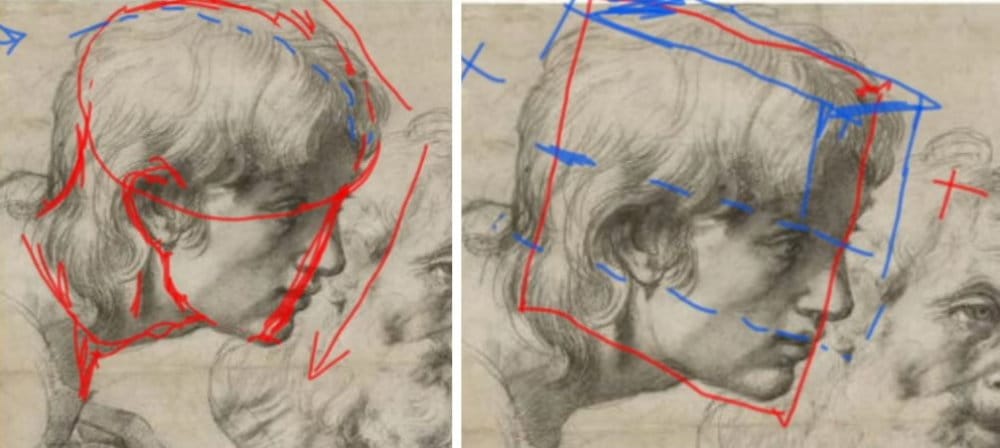 Side-by-side comparison of Raphael boy's head drawing showing red directional arrows and face mask on left, blue structural cube overlay with proportions on right