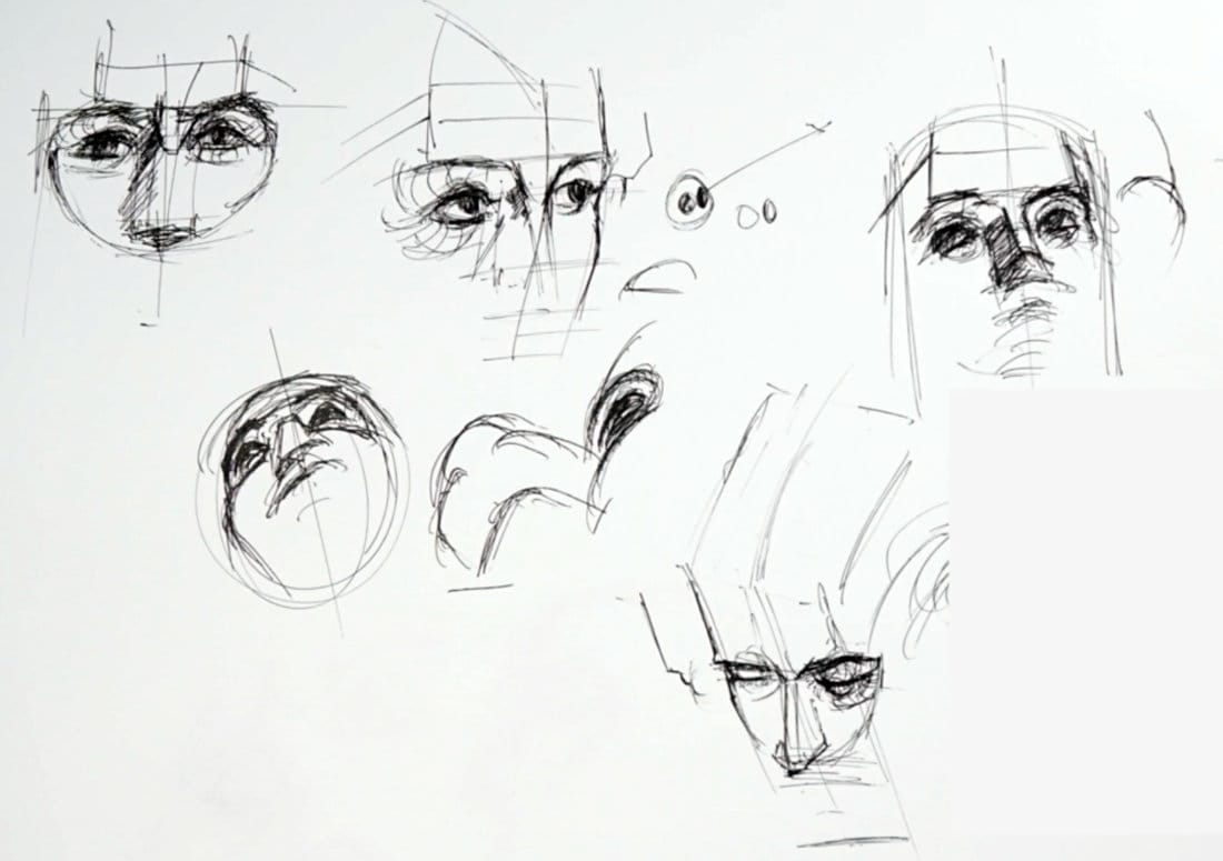 Robert Joyner’s front and three-quarter eye structure sketches showing construction lines and staging.