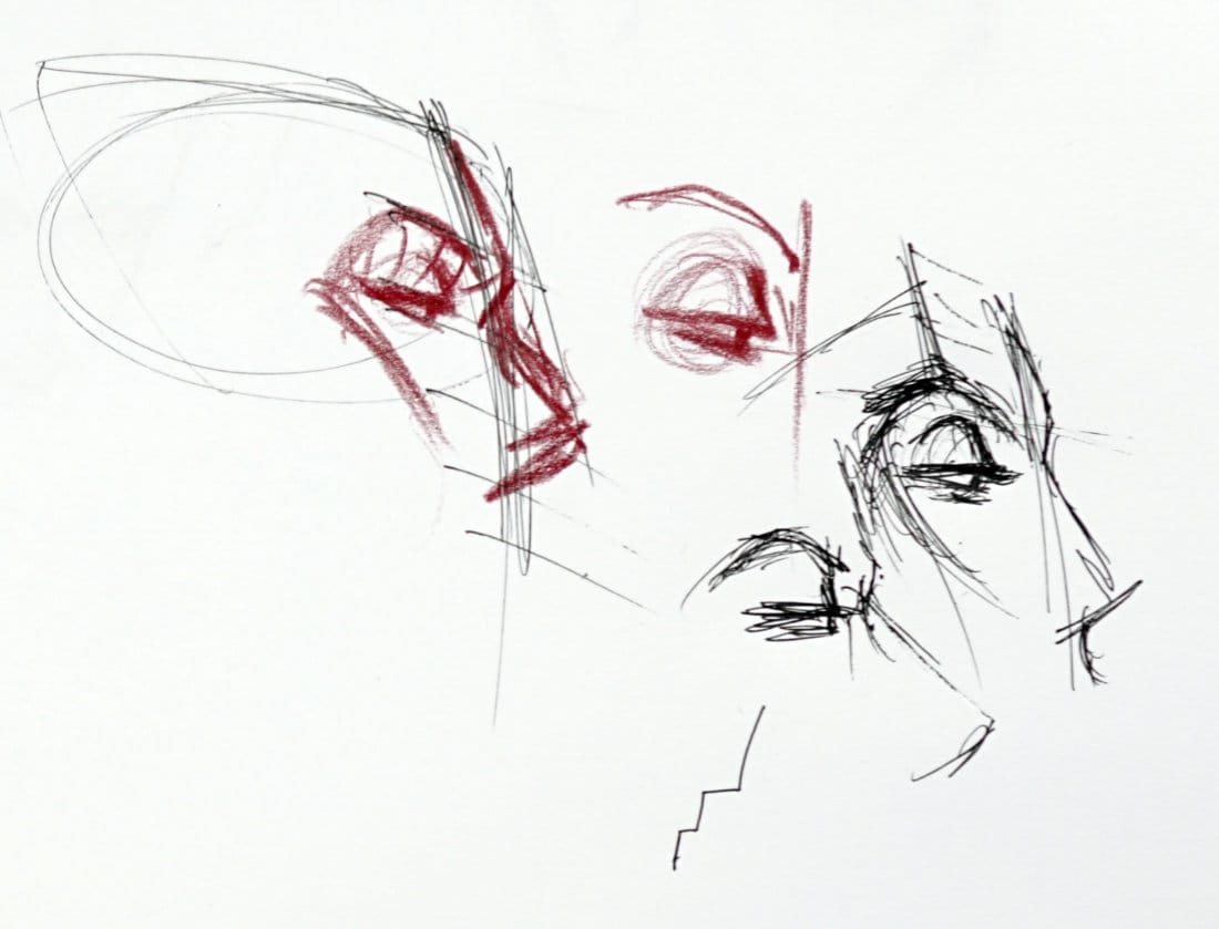 Robert Joyner’s eye construction sketches using red and black linework for side and upward head angles.