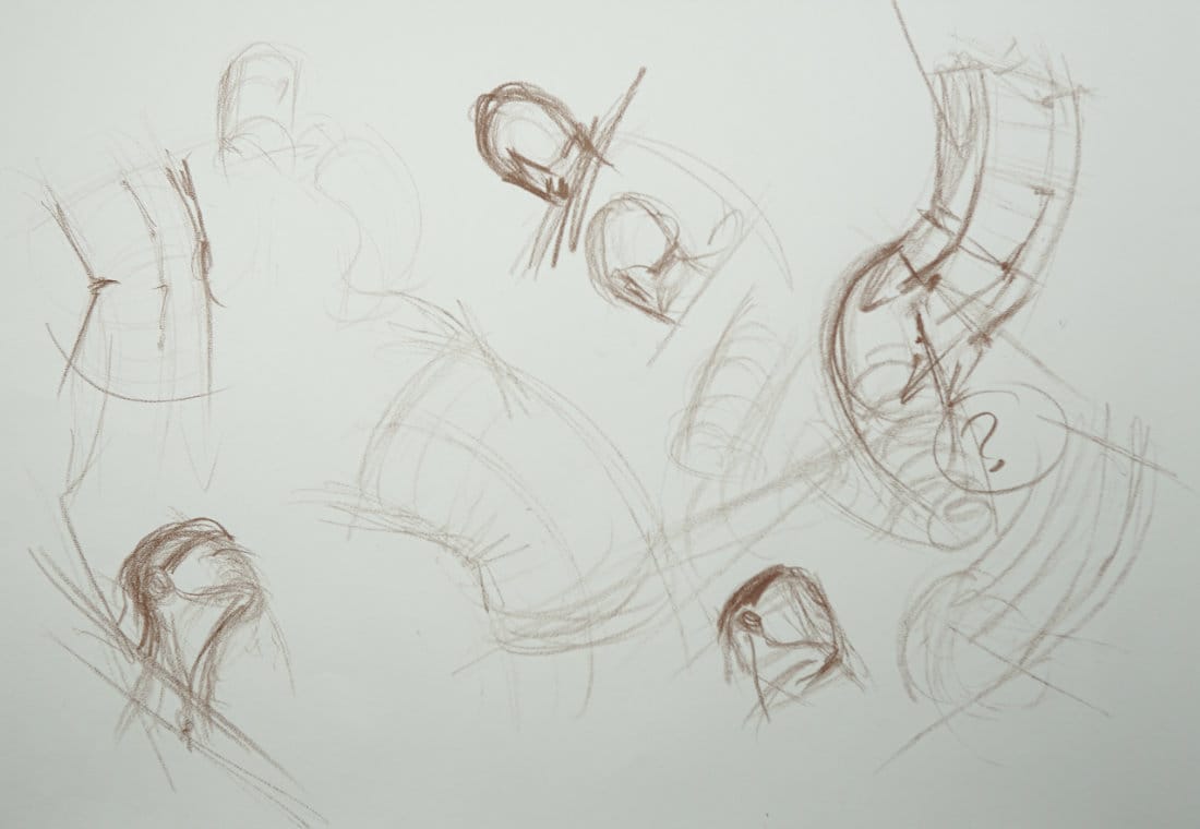 Robert's practice reel showing four completed figure drawing poses with multiple attempts, corrections, and exploratory sketches demonstrating real practice process with structure and gesture focus