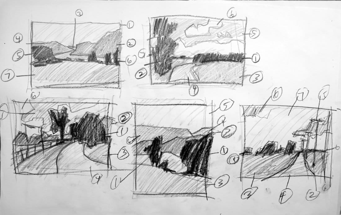 Instructor demonstration of practice reel showing five landscape mass studies with numbered and labeled groups illustrating simplified shape decisions for acrylic landscape fundamentals course