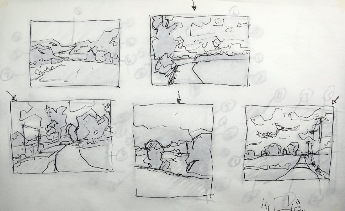 Five landscape studies on tracing paper showing light and shadow added to simplified masses with arrows indicating light direction for acrylic landscape painting fundamentals