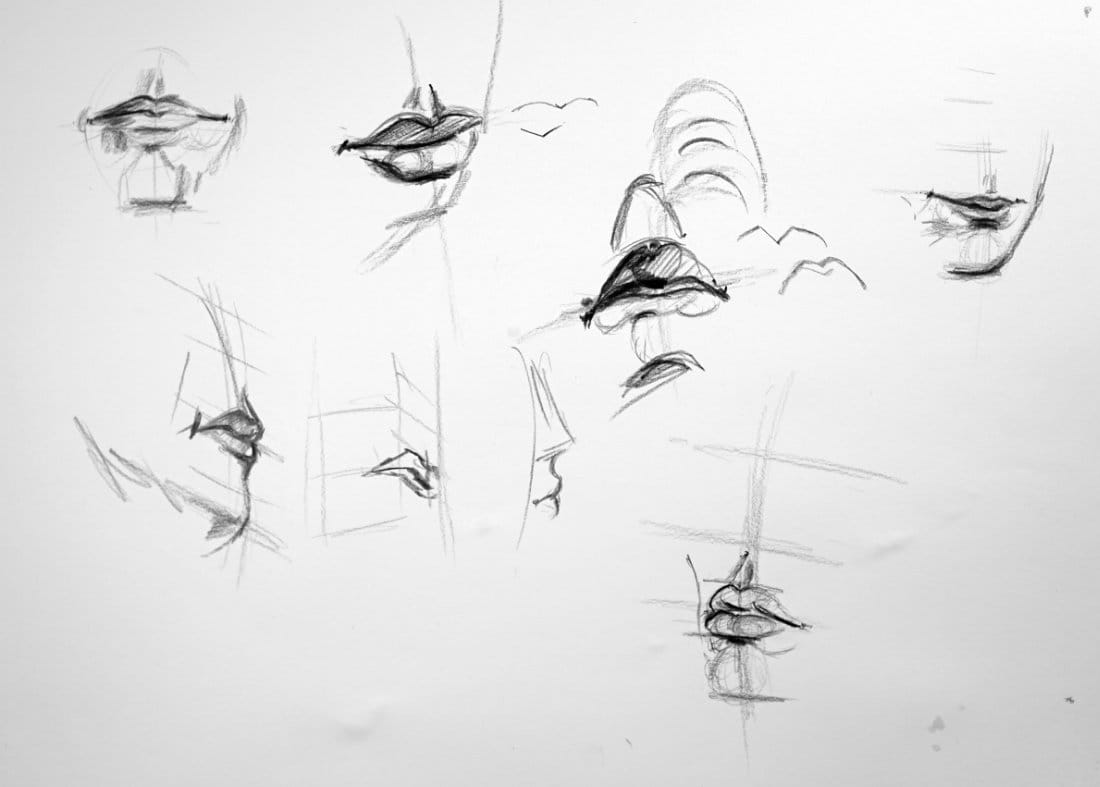 Loose charcoal sketches of lips from multiple angles showing structure, rhythm, and form from Robert Joyner’s head drawing course.