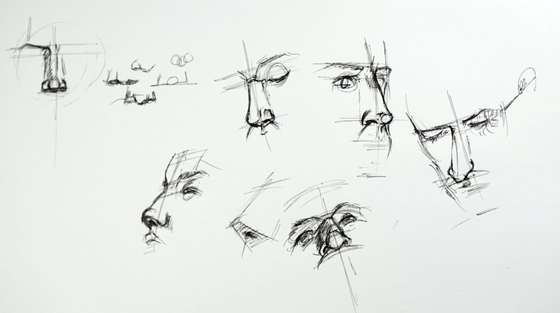 Robert Joyner nose drawing demo showing multiple views with construction lines and planes.