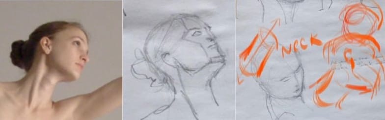 Student critique showing incorrect neck angle and proper head alignment