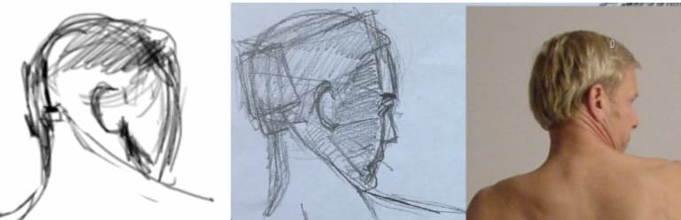 Student head drawing critique showing back view with corrected ear placement and skull volume compared to reference photo