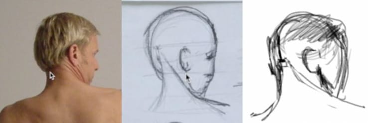 Profile view head drawing critique comparing student work to reference, highlighting neck connection and skull volume issues