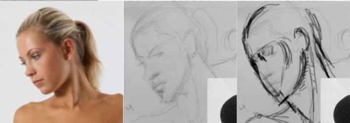 Student three-quarter view head drawing with instructor corrections showing proper center line orientation and facial planes