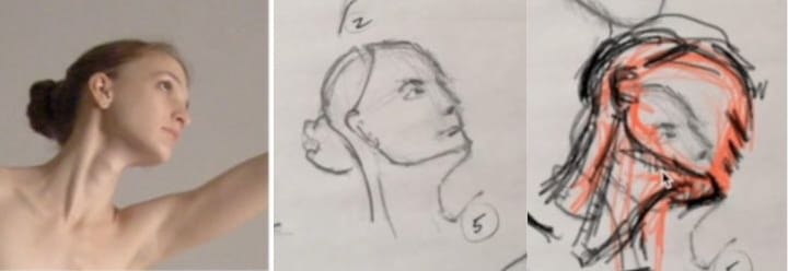 Tilted head drawing showing incorrect versus correct neck angle and sternocleidomastoid muscle placement