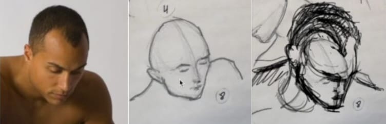 Top view head drawing critique showing proper overlapping of forehead, nose, mouth, and chin with instructor corrections