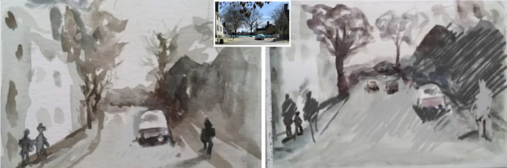 Student watercolor value studies showing car height and ground plane errors with reference photo, before and after corrections demonstrating proper eye level placement