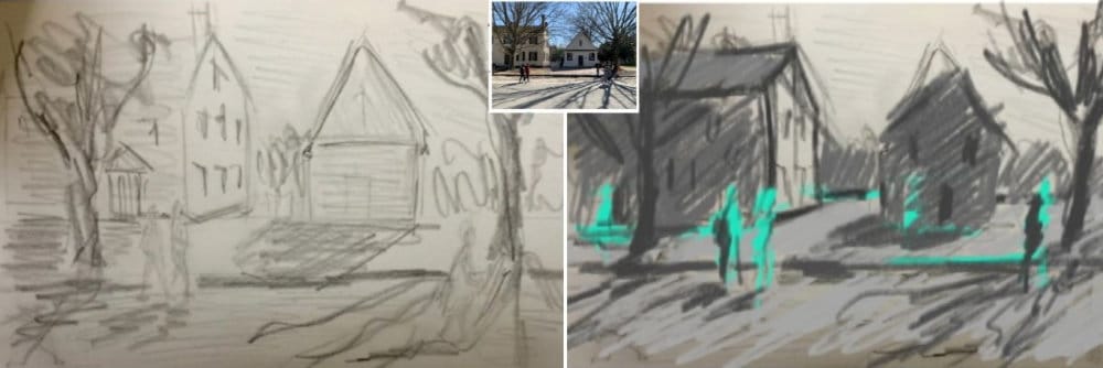 Student value study critique showing incomplete value hierarchy with cyan correction marks on drawing, demonstrating proper eye level and figure height relationships