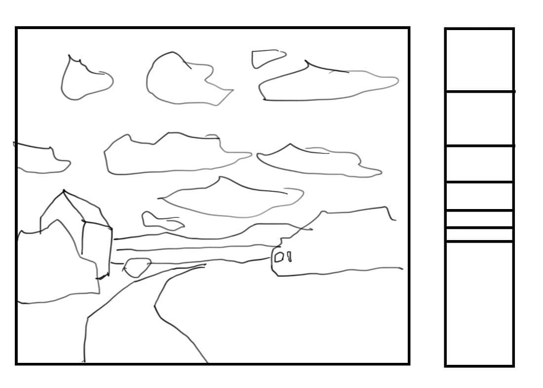 Acrylic landscape composition template for sunrise and sunset painting, showing cloud placement and color value chart on the right.
