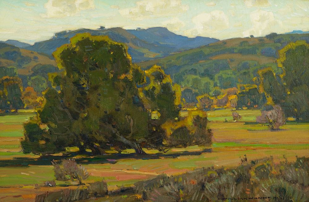 A landscape painting showing large trees and distant hills under warm light, ideal for studying vertical and flat planes.