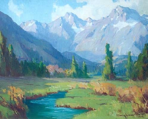 A cool blue mountain valley scene with a winding stream, illustrating aerial perspective and tonal shifts.