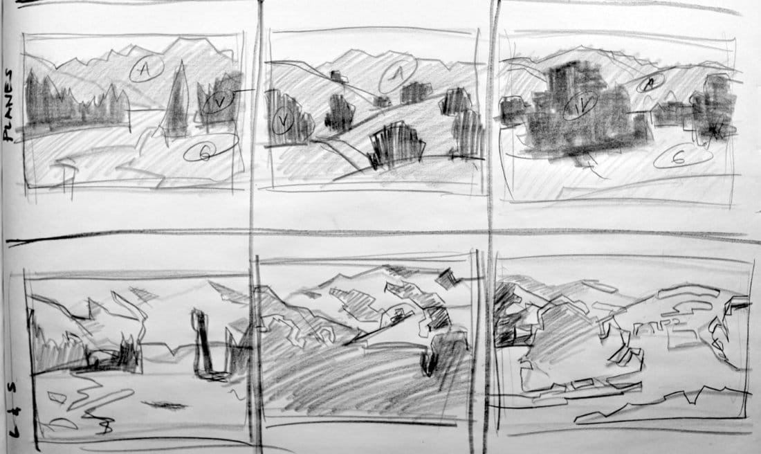 A sketchbook page showing quick thumbnail studies for three landscape compositions, separating planes and light/shadow for master painting analysis.