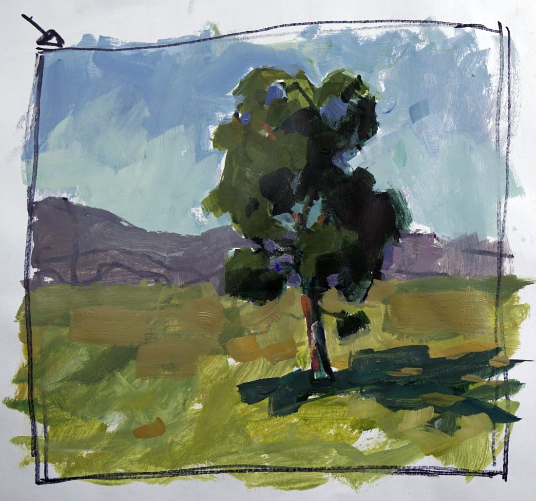 Acrylic tree painting for beginners showing refined sky holes and soft background using refraction principles for a natural look.