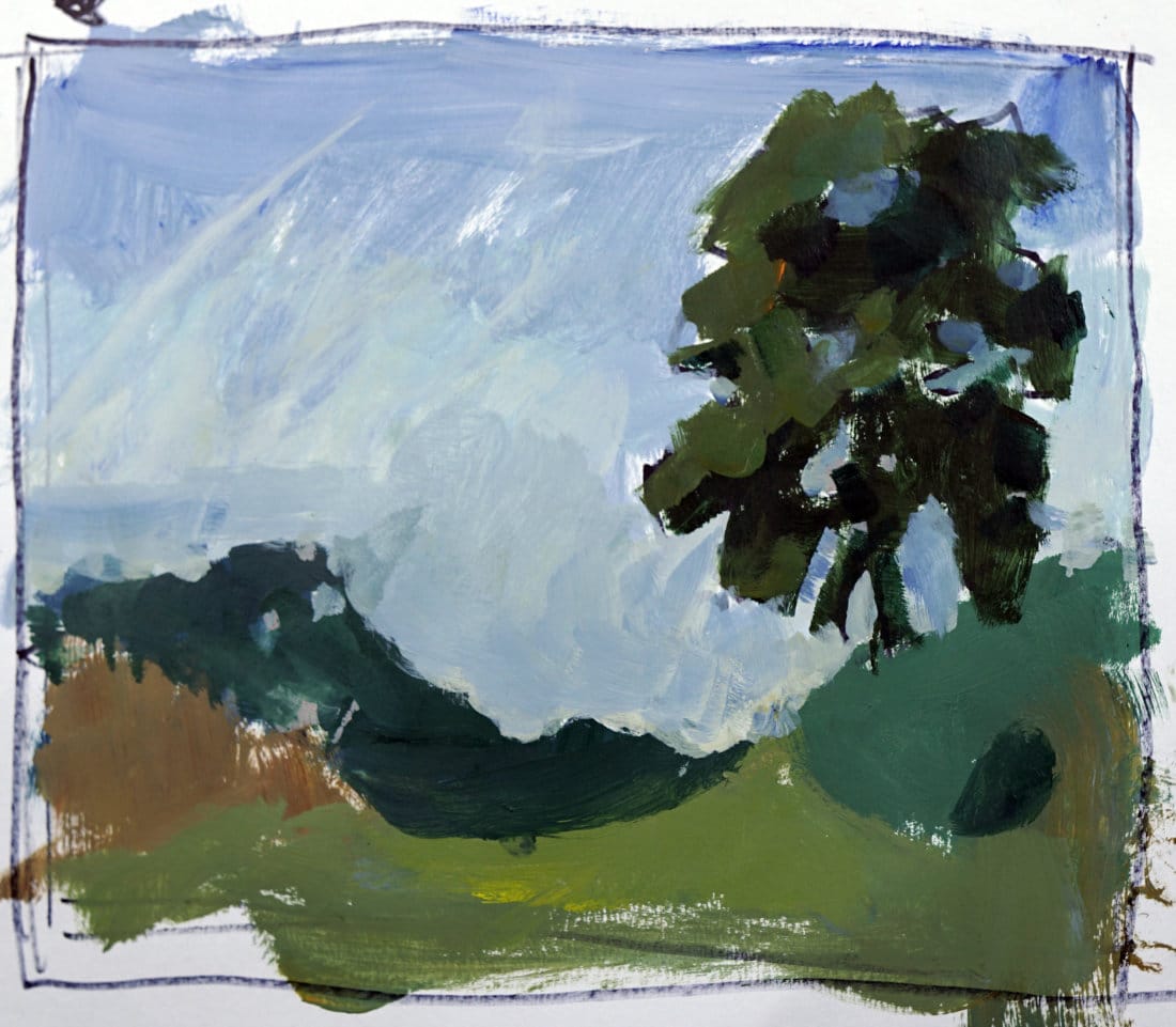 Loose acrylic painting study of a single tree showing how to paint sky holes and simplified shapes for landscape depth.