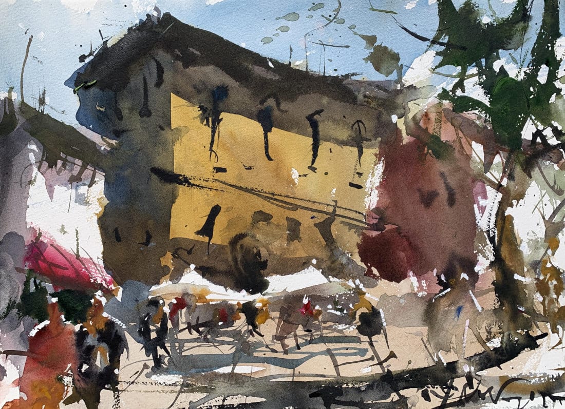 Urban watercolor cityscape created with flat, graded, and variegated washes – Wash Series finale demonstration