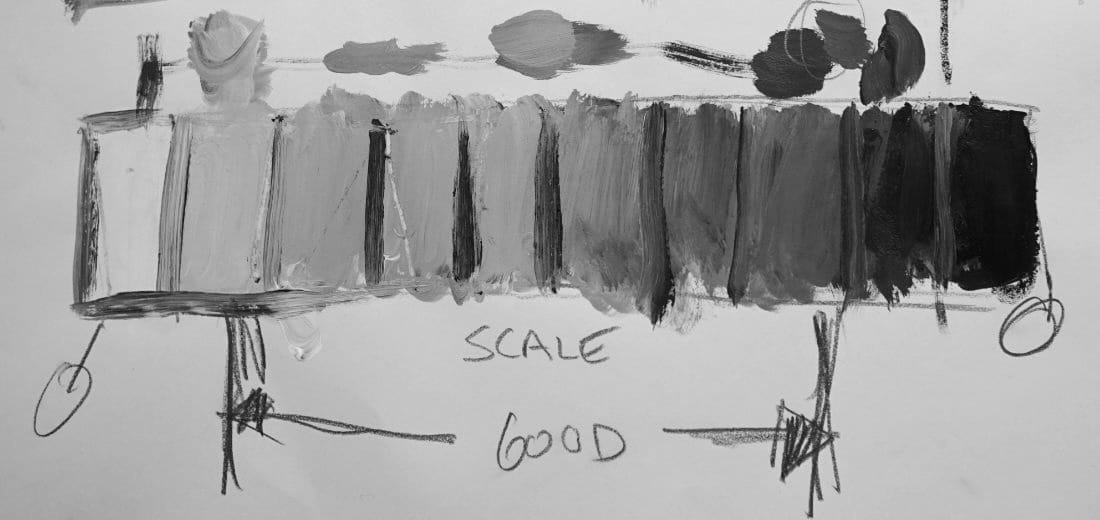 Value hierarchy 10-step scale from white to black demonstrating landscape-specific value organization for acrylic painting fundamentals course